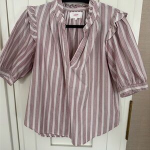 XiRENA Striped Blouse with Ruffle Sleeves - Red and White